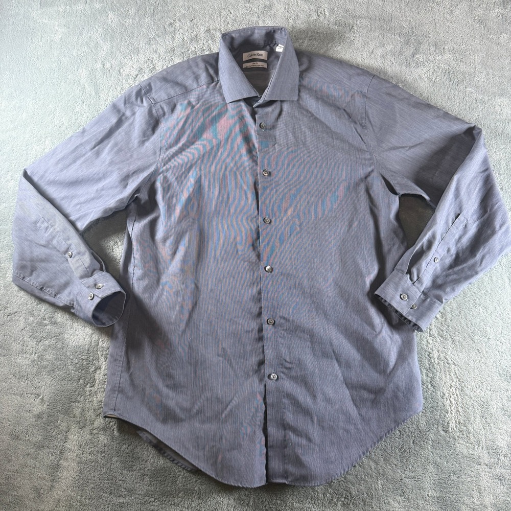 Calvin Klein Mens Slim Fit Performance Non-Iron Dress Shirt Blue Stripe 16 32/33